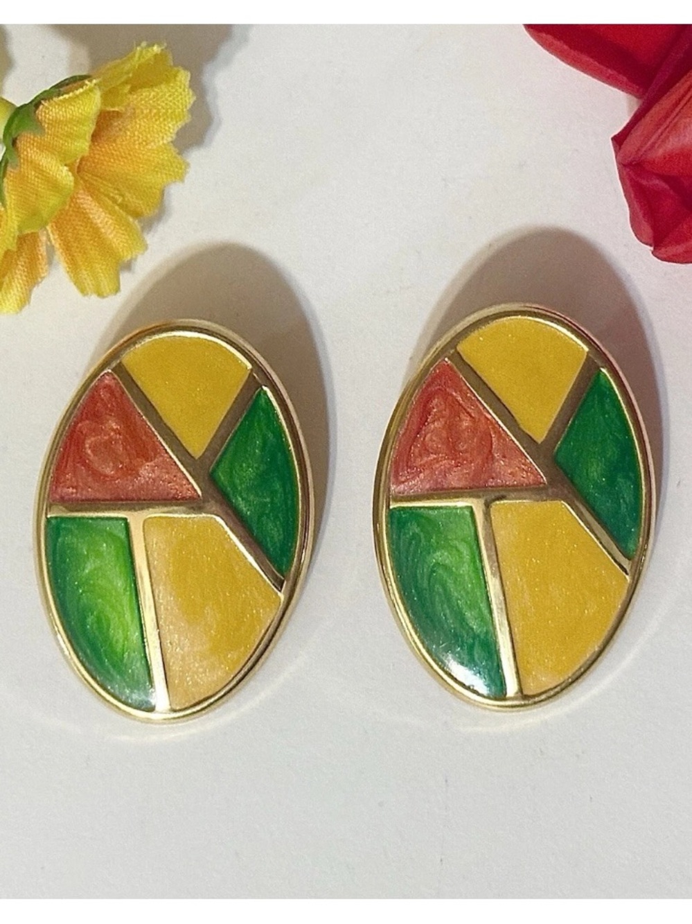Vintage 1980s Multi-Colour Gold Swirl Enamel Oval Fun Retro Abstract Earrings